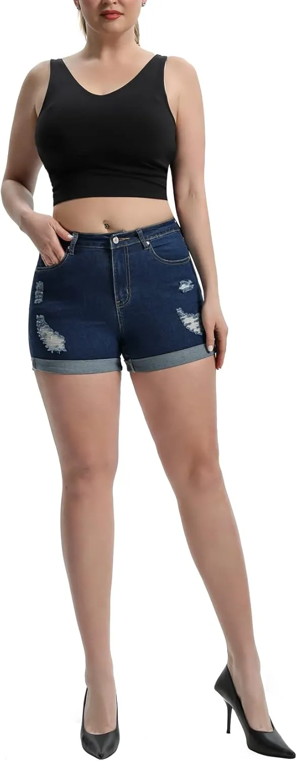 Romastory Women's High Waisted Summer Elastic Jean Shorts Folded Hem Hot Denim Shorts for Women