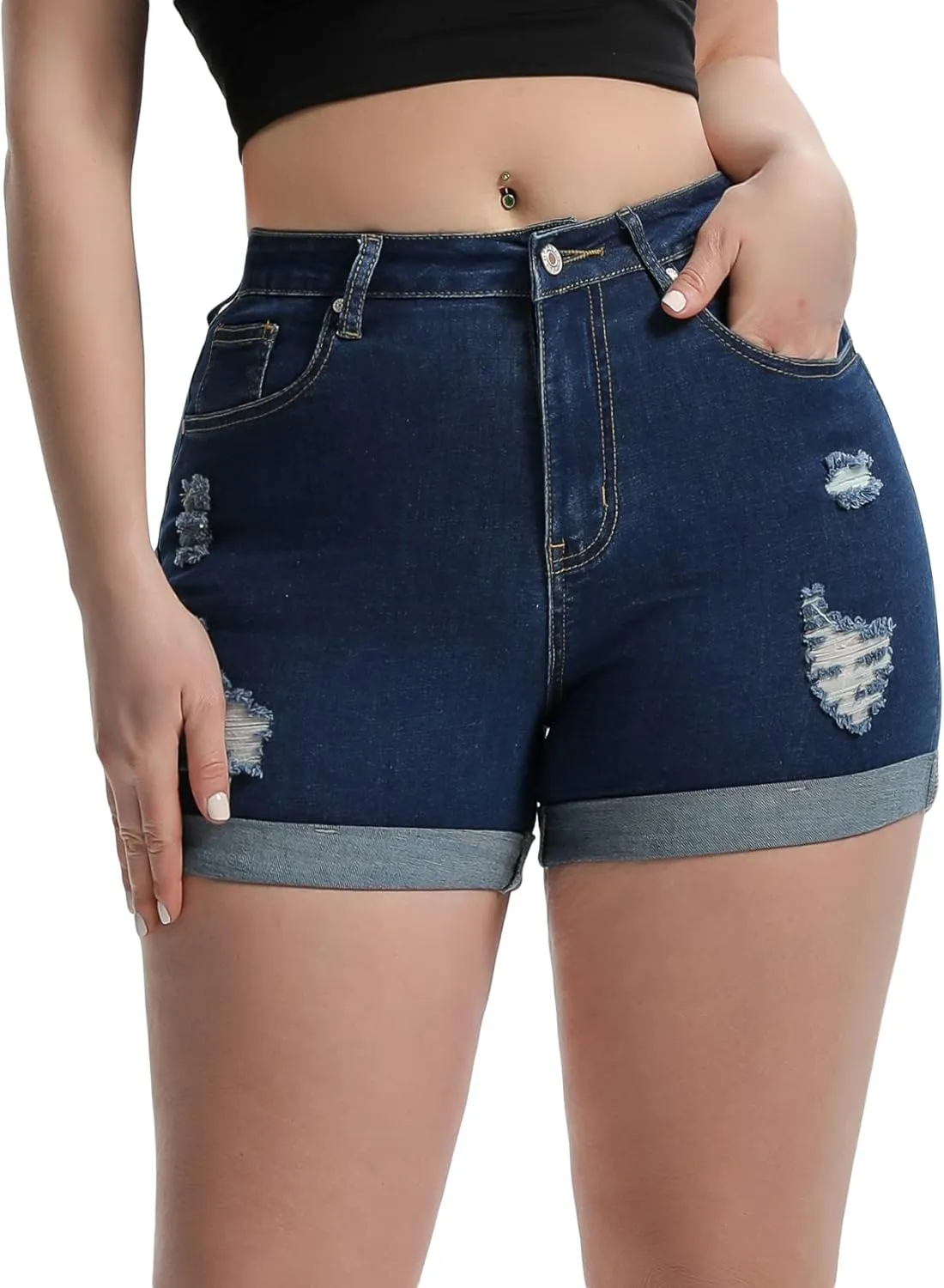 Romastory Women's High Waisted Summer Elastic Jean Shorts Folded Hem Hot Denim Shorts for Women