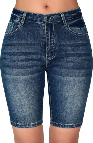 roswear Women's High Waisted Bermuda Shorts Stretchy Knee Length Jean Shorts