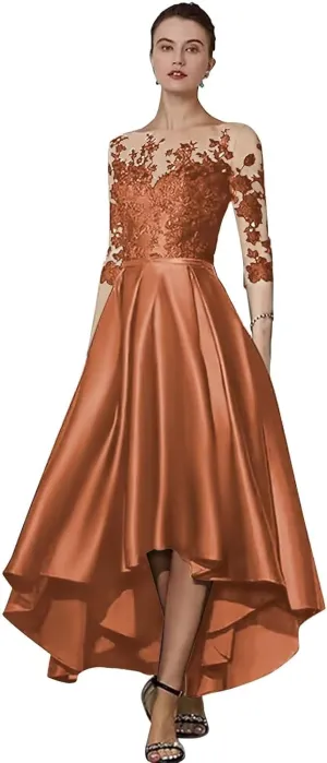 Satin Lace Tea Length Mother of The Bride Dresses for Wedding High Low Lace Appliques Prom Evening Formal Gown