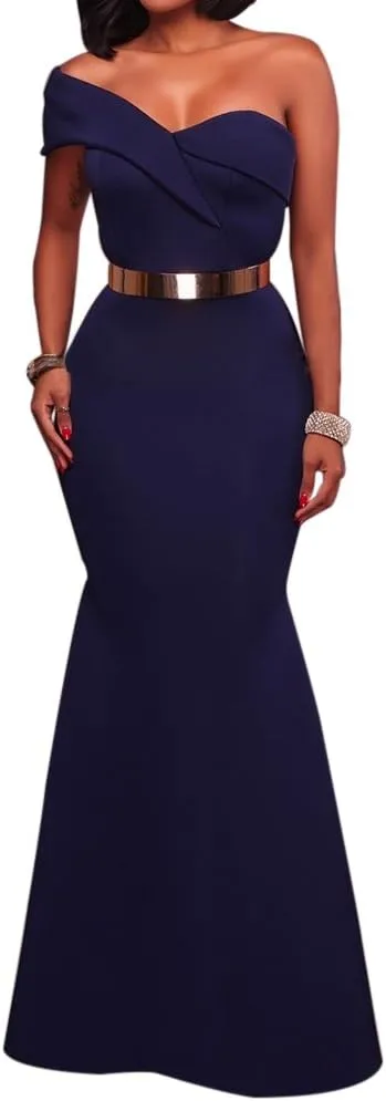 SEBOWEL Women's Sexy Off The Shoulder Bodycon Bow Applique Evening Gown Party Maxi Dress