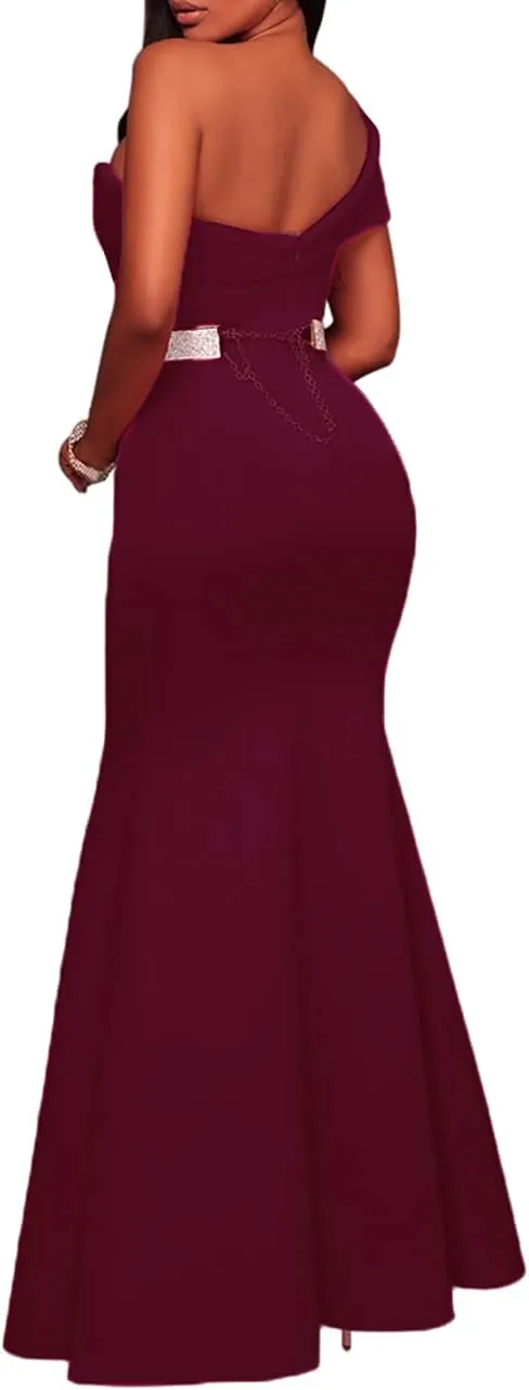 SEBOWEL Women's Sexy Off The Shoulder Bodycon Bow Applique Evening Gown Party Maxi Dress