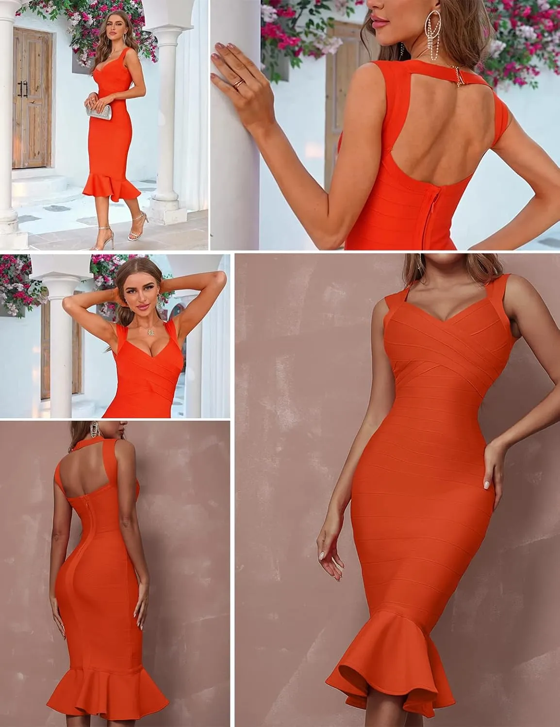 Shoulder Strap Sleeveless Fishtail Midi Bandage Dress for Women Bodycon Club Party Evening Dresses