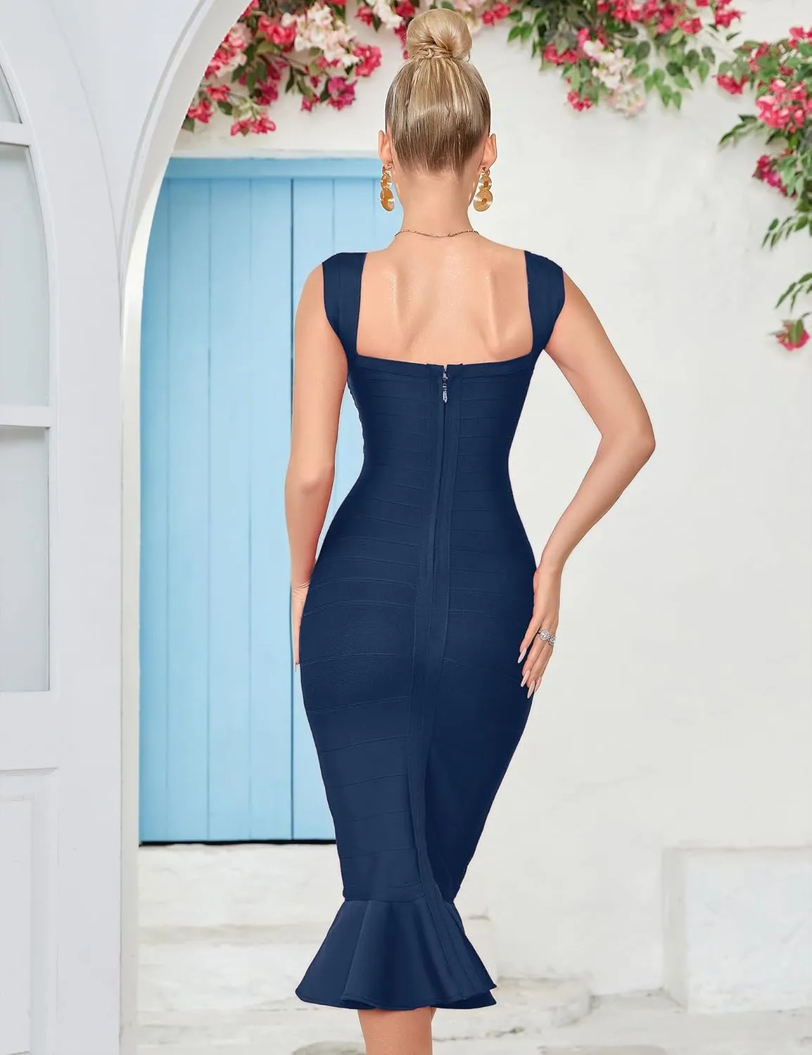 Shoulder Strap Sleeveless Fishtail Midi Bandage Dress for Women Bodycon Club Party Evening Dresses