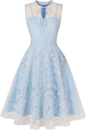 Sleeveless Floral Embroidery Dress for Women Flower Embroidery Tulle Prom Dress Mesh Illusion Keyhole Wedding Party Tea Dress