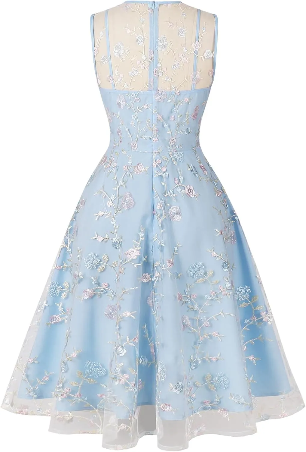 Sleeveless Floral Embroidery Dress for Women Flower Embroidery Tulle Prom Dress Mesh Illusion Keyhole Wedding Party Tea Dress