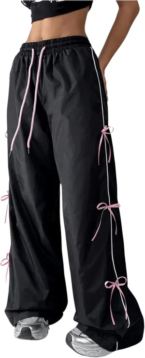 SOLY HUX Women's Parachute Pants Y2k Baggy Track Pants Bowknot Wide Leg Sweatpants Loose Casual Streetwear