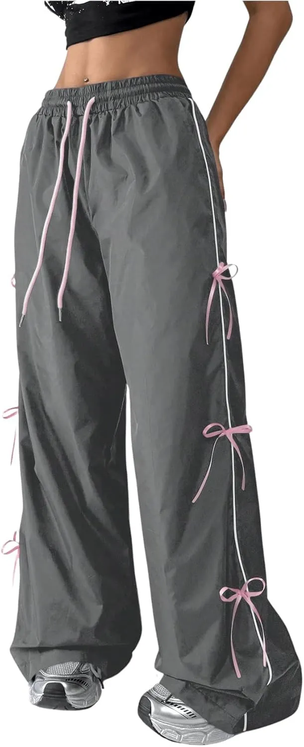 SOLY HUX Women's Parachute Pants Y2k Baggy Track Pants Bowknot Wide Leg Sweatpants Loose Casual Streetwear