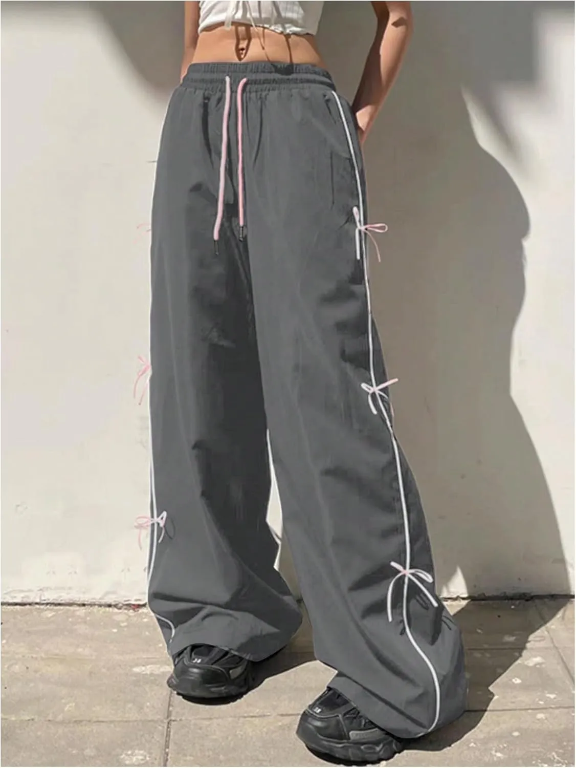 SOLY HUX Women's Parachute Pants Y2k Baggy Track Pants Bowknot Wide Leg Sweatpants Loose Casual Streetwear