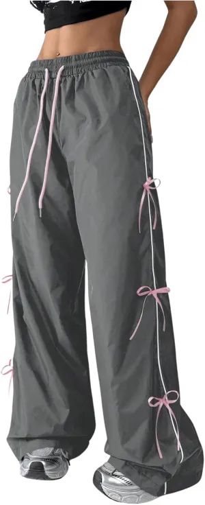 SOLY HUX Women's Parachute Pants Y2k Baggy Track Pants Bowknot Wide Leg Sweatpants Loose Casual Streetwear