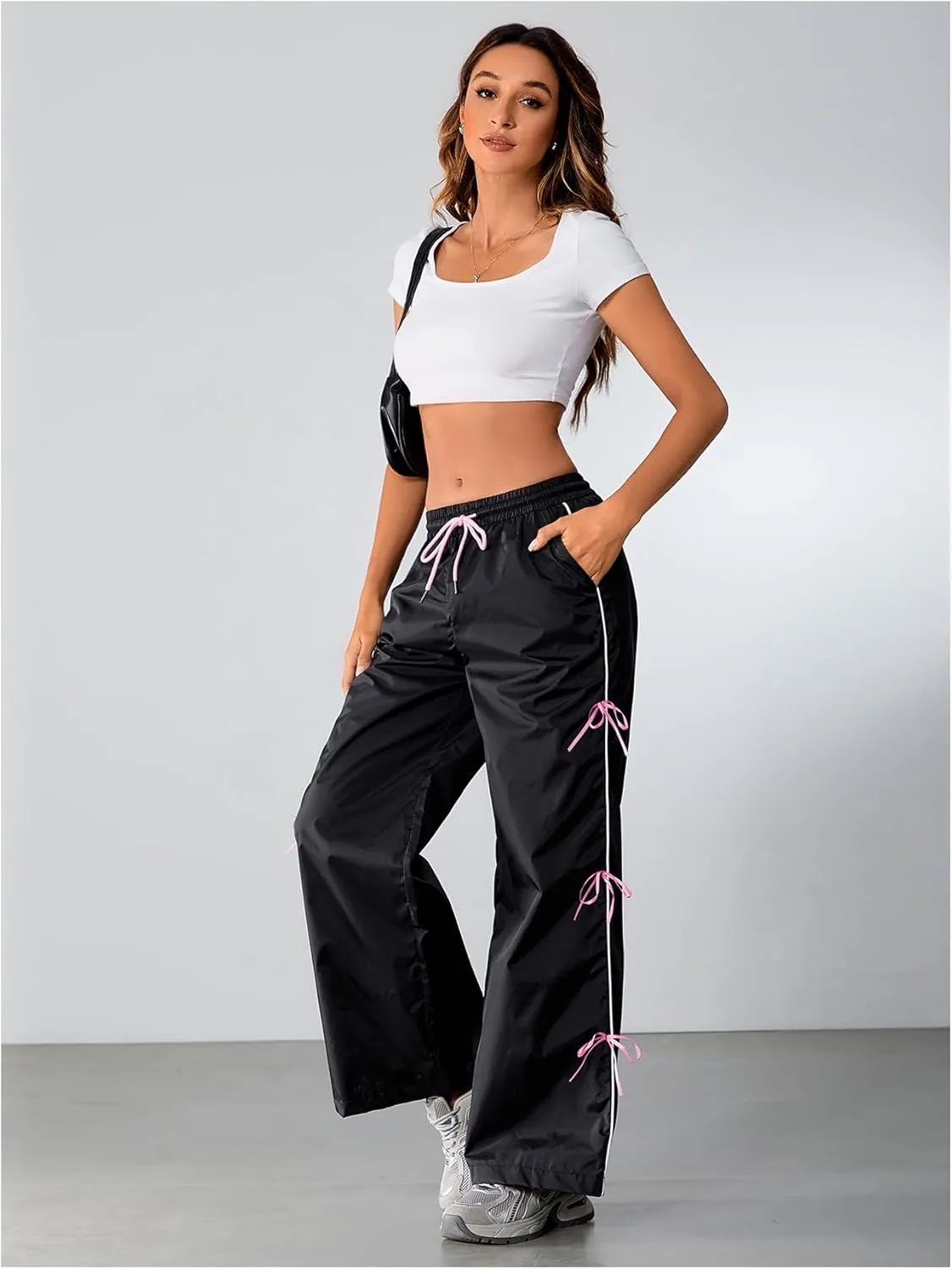 SOLY HUX Women's Parachute Pants Y2k Baggy Track Pants Bowknot Wide Leg Sweatpants Loose Casual Streetwear