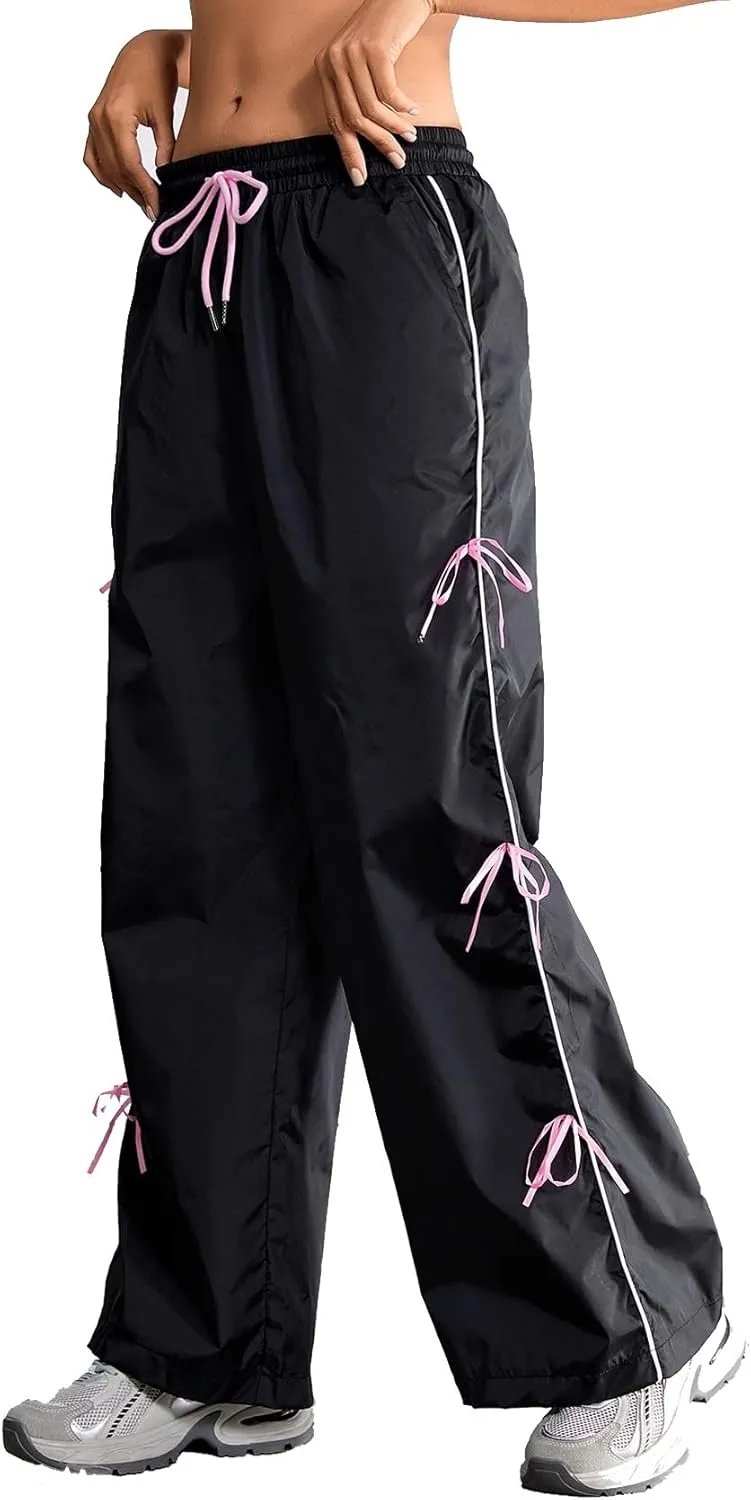 SOLY HUX Women's Parachute Pants Y2k Baggy Track Pants Bowknot Wide Leg Sweatpants Loose Casual Streetwear