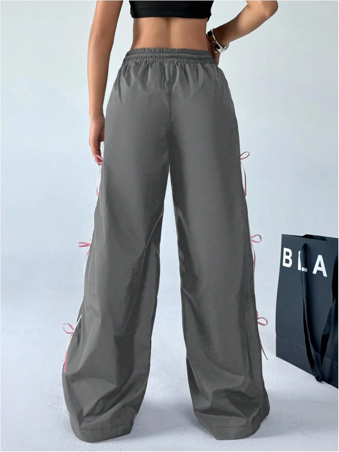 SOLY HUX Women's Parachute Pants Y2k Baggy Track Pants Bowknot Wide Leg Sweatpants Loose Casual Streetwear