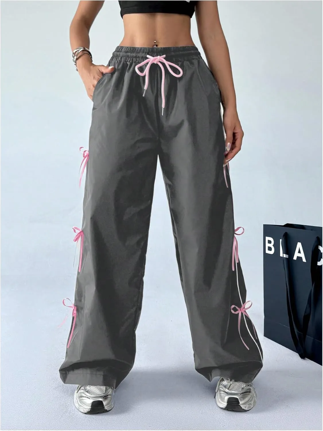 SOLY HUX Women's Parachute Pants Y2k Baggy Track Pants Bowknot Wide Leg Sweatpants Loose Casual Streetwear