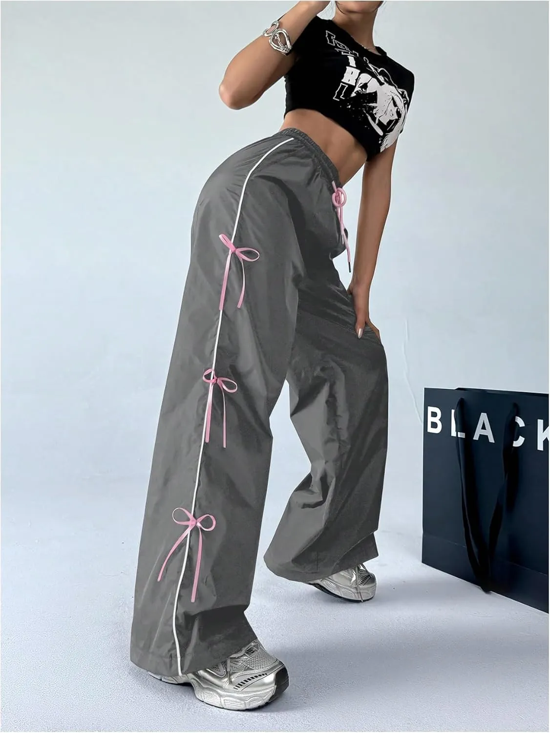 SOLY HUX Women's Parachute Pants Y2k Baggy Track Pants Bowknot Wide Leg Sweatpants Loose Casual Streetwear
