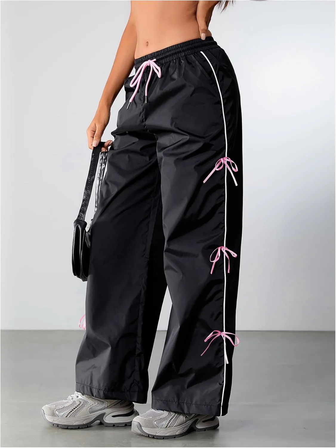 SOLY HUX Women's Parachute Pants Y2k Baggy Track Pants Bowknot Wide Leg Sweatpants Loose Casual Streetwear