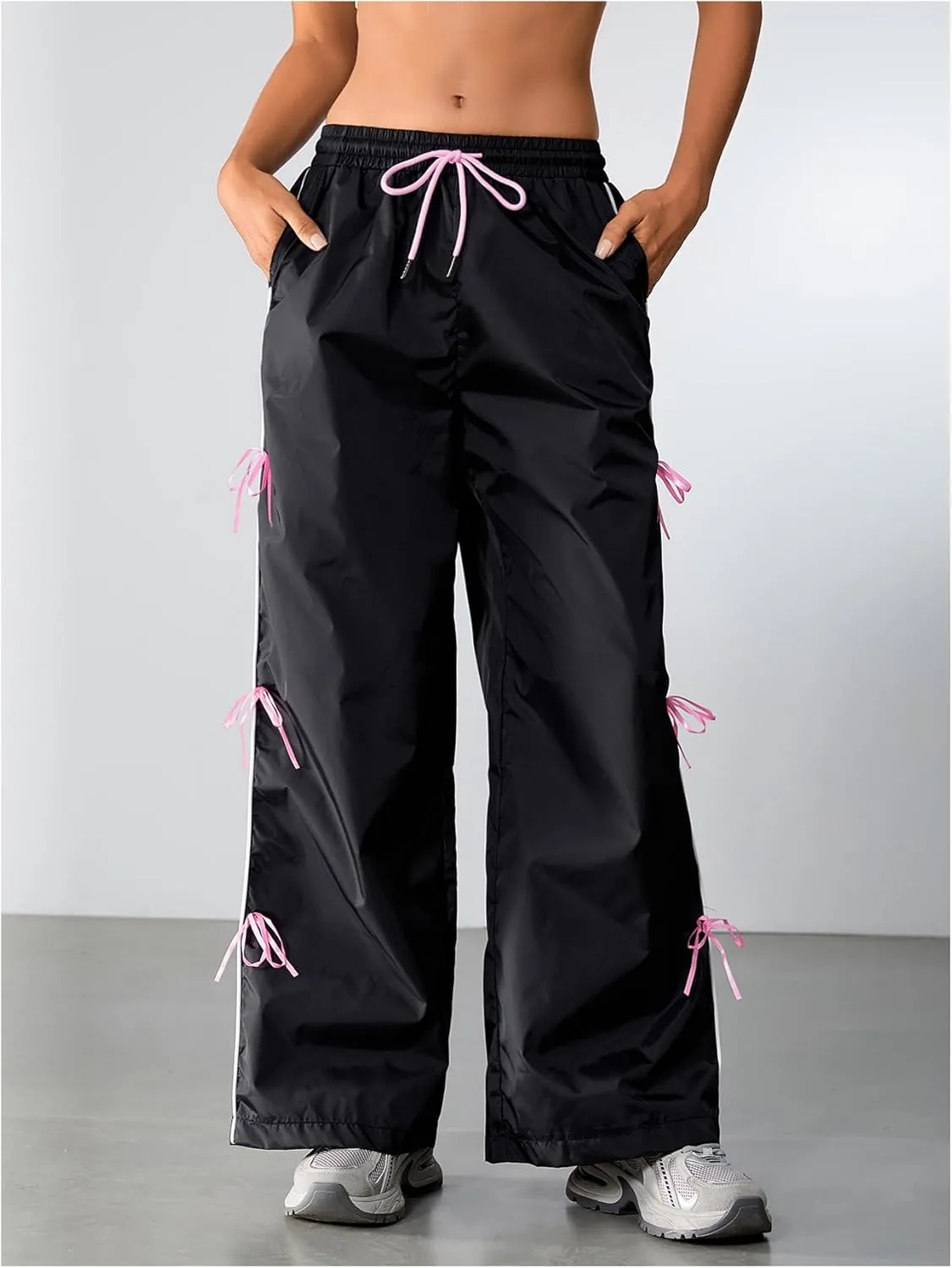 SOLY HUX Women's Parachute Pants Y2k Baggy Track Pants Bowknot Wide Leg Sweatpants Loose Casual Streetwear