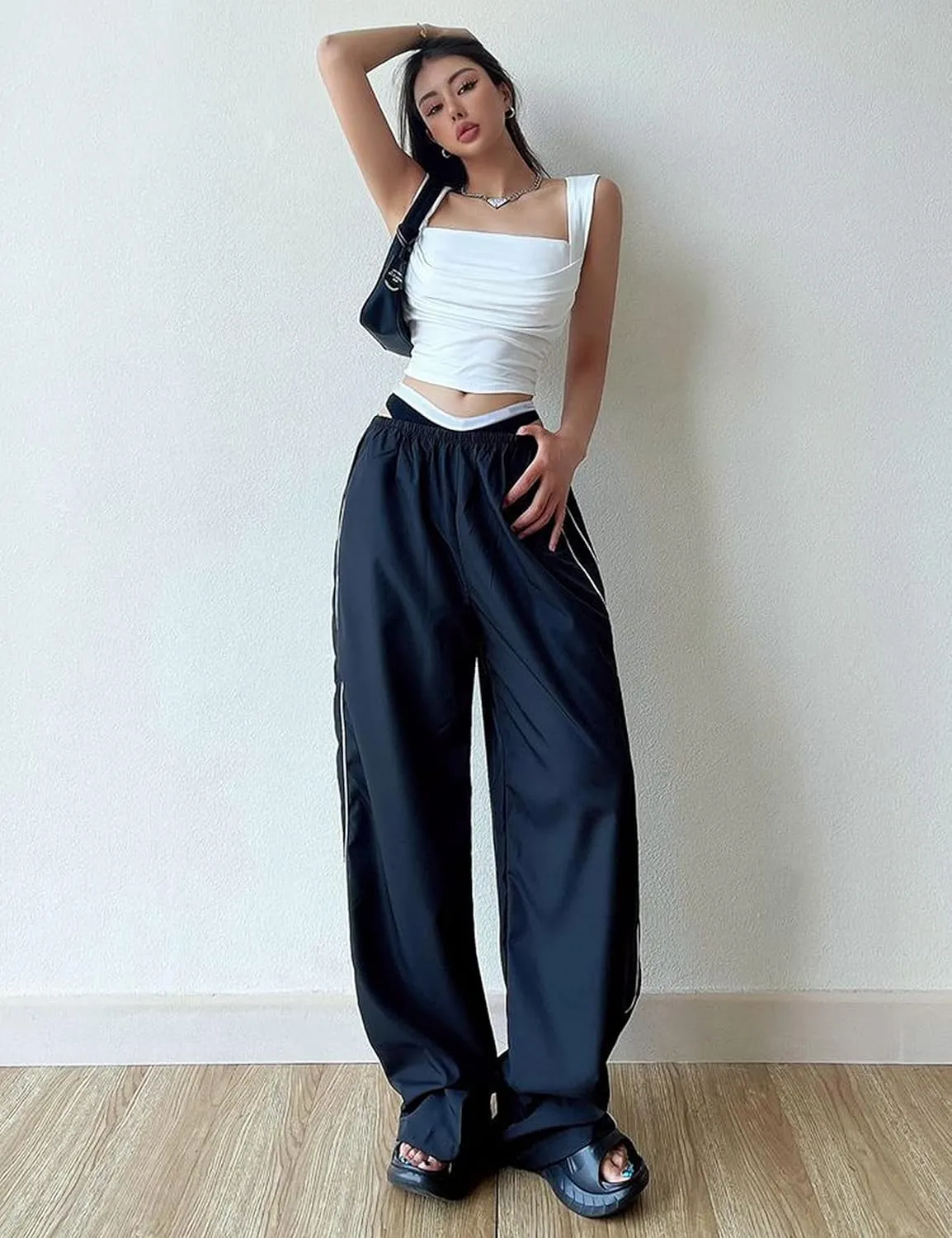 Springrain Womens Wide Leg Track Pants Slouchy Stripe Detail Jogger Sweatpants with Pockets
