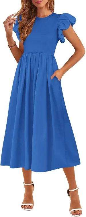 Summer Dresses for Women 2025 Puff Sleeve High Waist Crewneck Ruffle Maxi Dress Swing Flowy Dresses Sundress