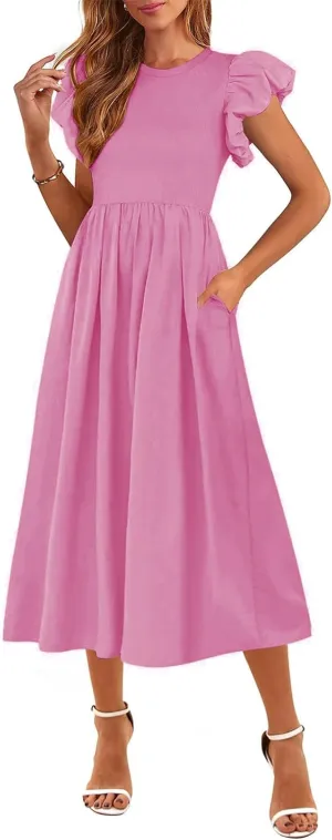 Summer Dresses for Women 2025 Puff Sleeve High Waist Crewneck Ruffle Maxi Dress Swing Flowy Dresses Sundress