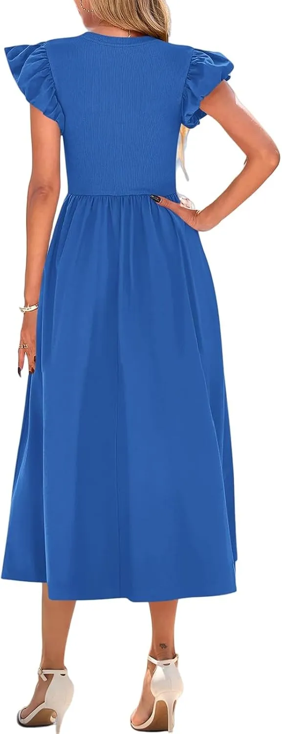 Summer Dresses for Women 2025 Puff Sleeve High Waist Crewneck Ruffle Maxi Dress Swing Flowy Dresses Sundress