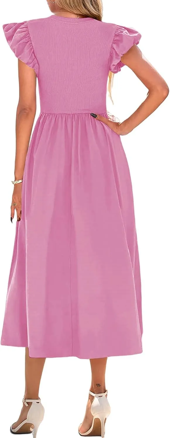 Summer Dresses for Women 2025 Puff Sleeve High Waist Crewneck Ruffle Maxi Dress Swing Flowy Dresses Sundress