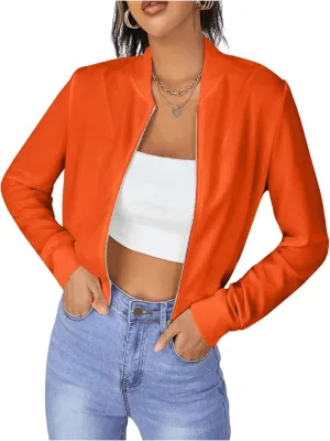 SweatyRocks Women's Casual Long Sleeve Solid Zip Up Coat Crop Bomber Jacket