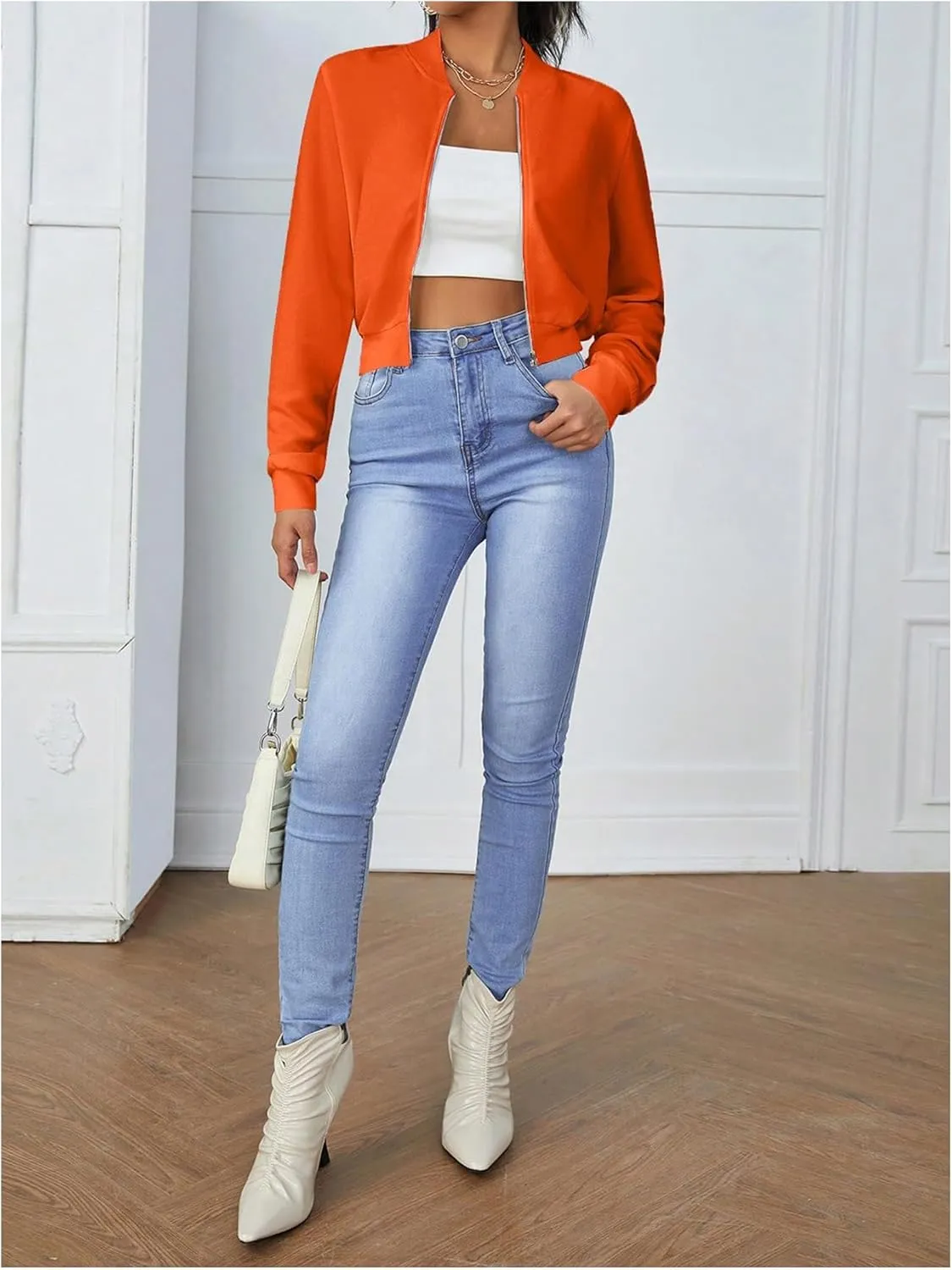 SweatyRocks Women's Casual Long Sleeve Solid Zip Up Coat Crop Bomber Jacket