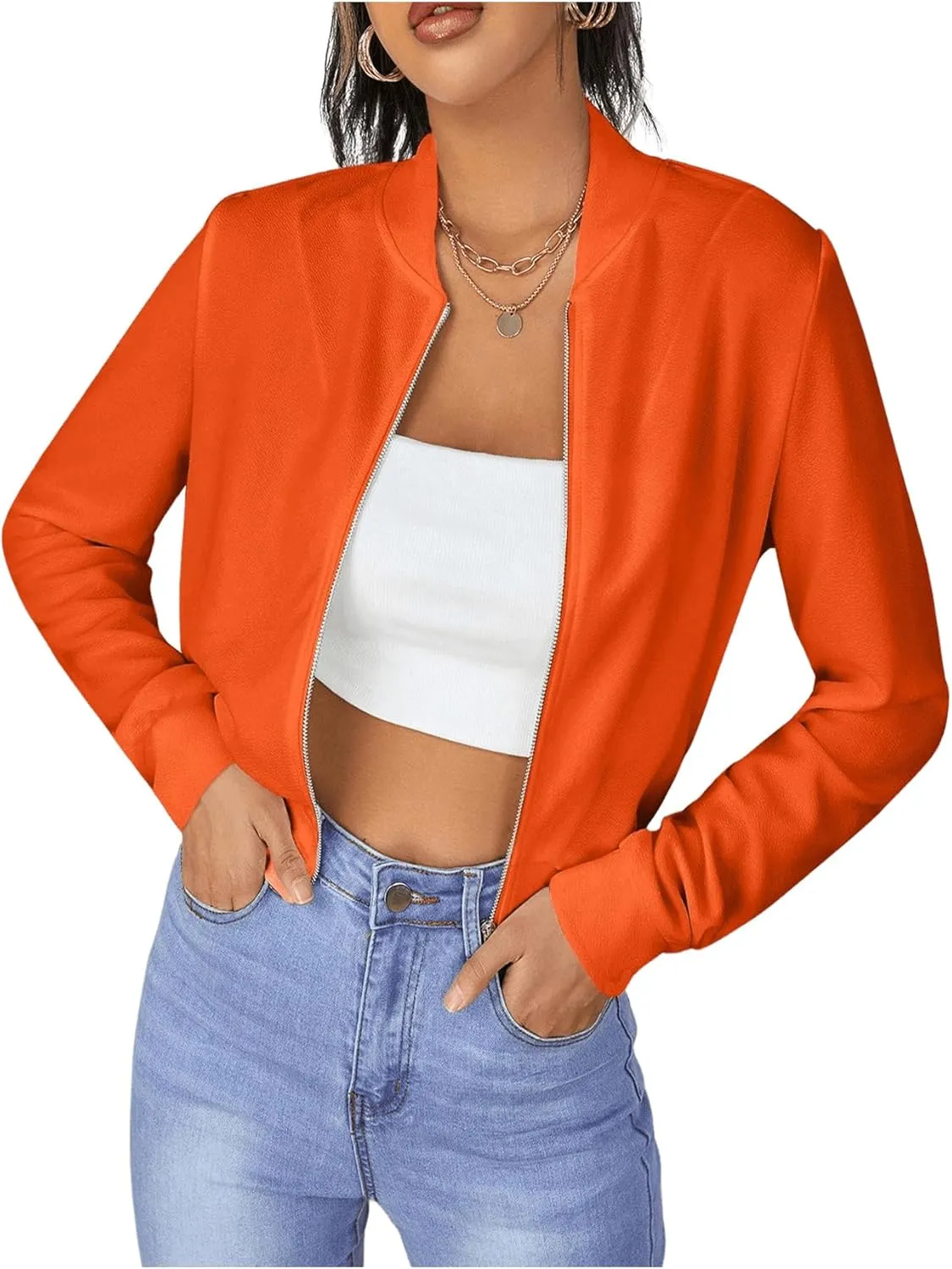 SweatyRocks Women's Casual Long Sleeve Solid Zip Up Coat Crop Bomber Jacket