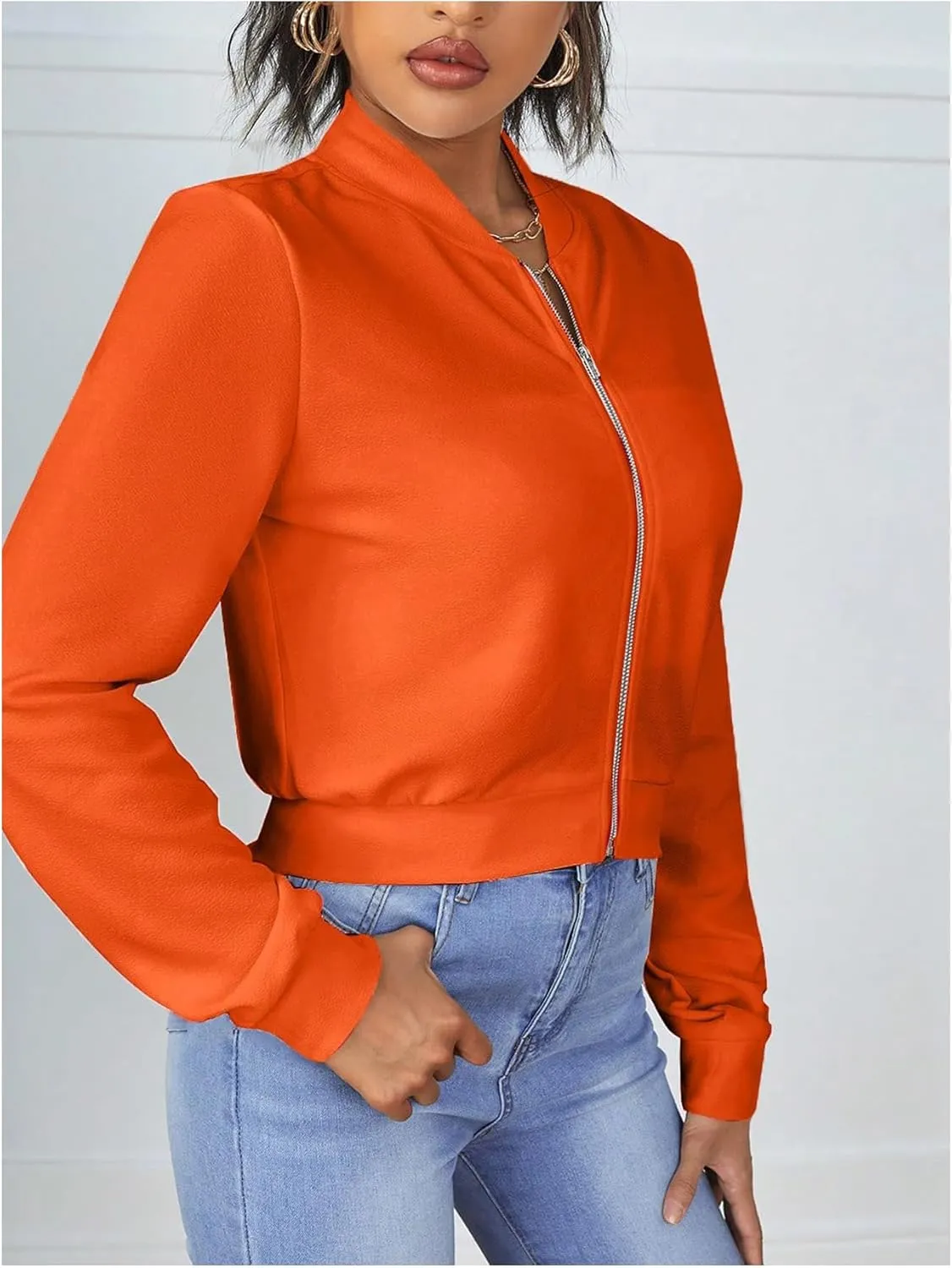 SweatyRocks Women's Casual Long Sleeve Solid Zip Up Coat Crop Bomber Jacket