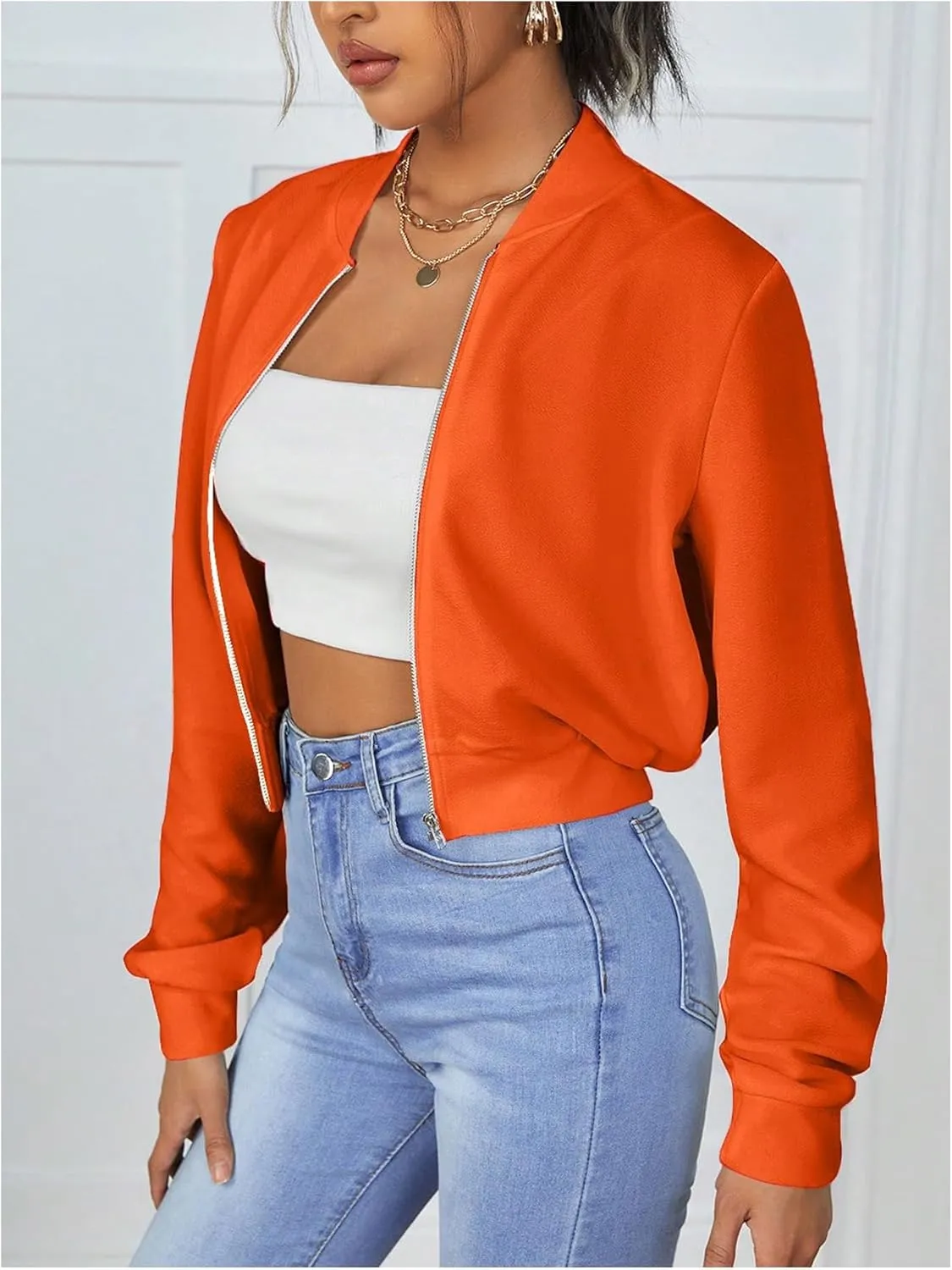 SweatyRocks Women's Casual Long Sleeve Solid Zip Up Coat Crop Bomber Jacket