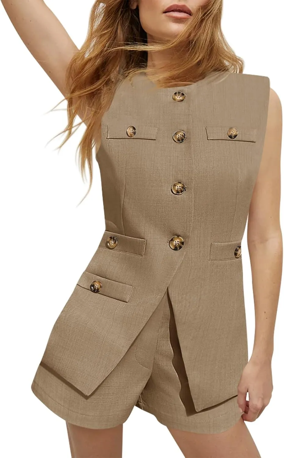 Tankaneo Womens 2 Piece Outfits Casual Suit Sets Sleeveless Button Down Blazer Vest Shorts Office Business Matching Set