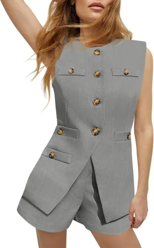 Tankaneo Womens 2 Piece Outfits Casual Suit Sets Sleeveless Button Down Blazer Vest Shorts Office Business Matching Set