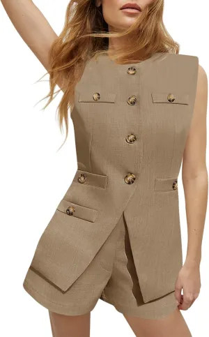 Tankaneo Womens 2 Piece Outfits Casual Suit Sets Sleeveless Button Down Blazer Vest Shorts Office Business Matching Set