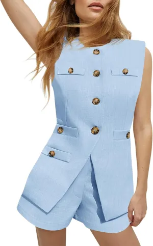 Tankaneo Womens 2 Piece Outfits Casual Suit Sets Sleeveless Button Down Blazer Vest Shorts Office Business Matching Set