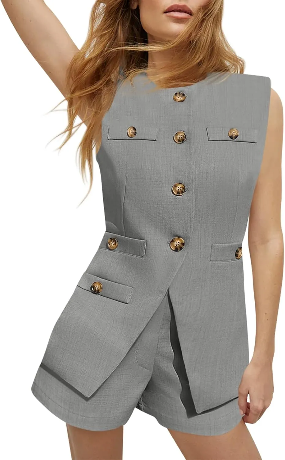Tankaneo Womens 2 Piece Outfits Casual Suit Sets Sleeveless Button Down Blazer Vest Shorts Office Business Matching Set