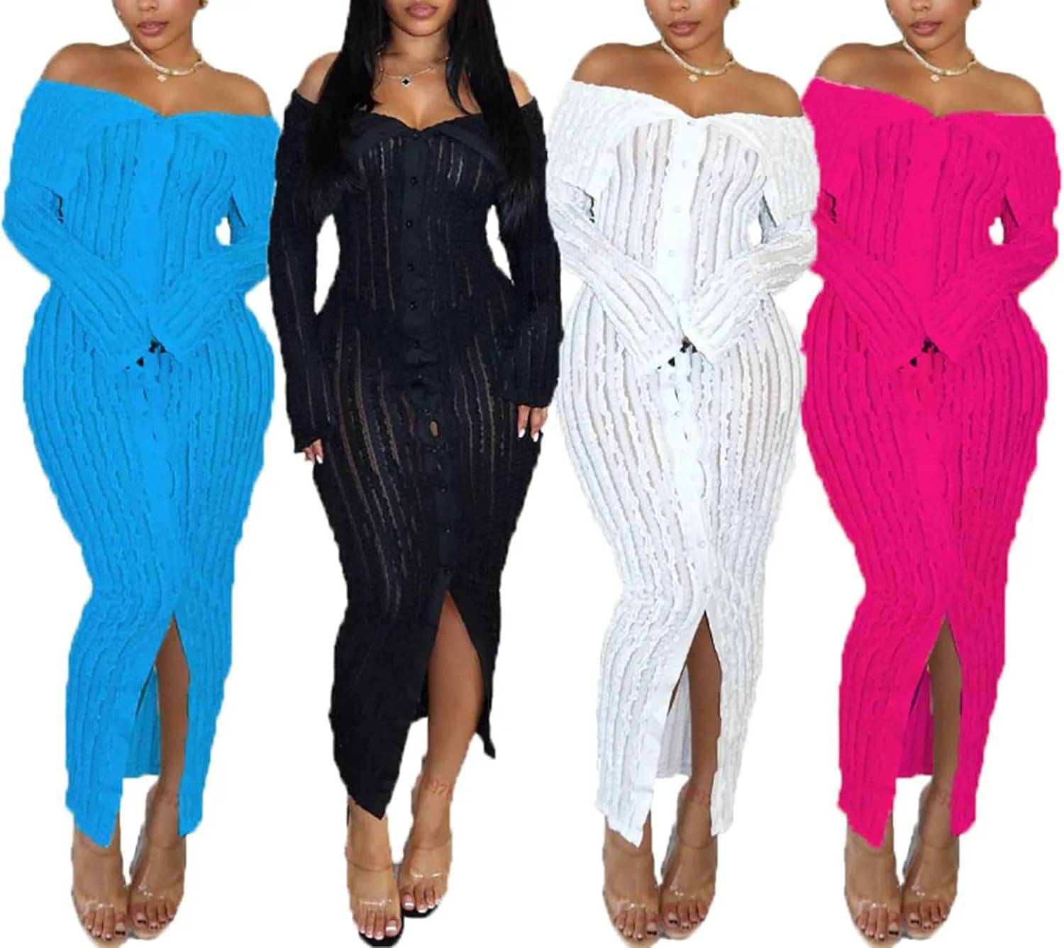 Tcremisa Women's Elegant Off Shoulder Dress Sexy Long Sleeve Button Down Ruffle Mesh Bodycon Long Dresses