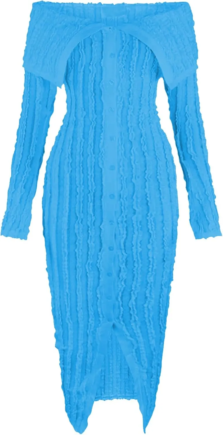 Tcremisa Women's Elegant Off Shoulder Dress Sexy Long Sleeve Button Down Ruffle Mesh Bodycon Long Dresses
