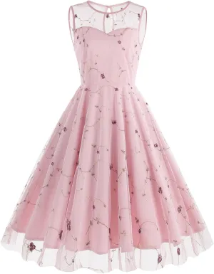 Tulle Embroidery Floral Dress for Women Sleeveless Mesh Flower Embroidered Tulle Prom Dress Summer Wedding Tea Party Dress