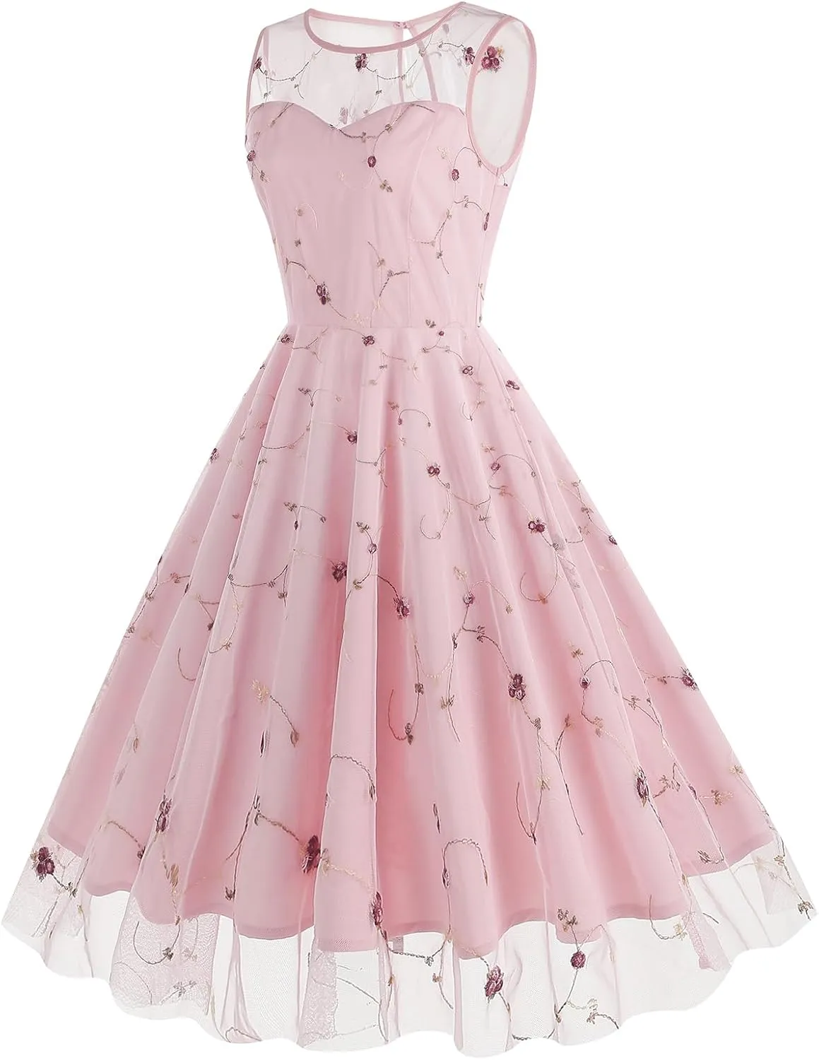 Tulle Embroidery Floral Dress for Women Sleeveless Mesh Flower Embroidered Tulle Prom Dress Summer Wedding Tea Party Dress
