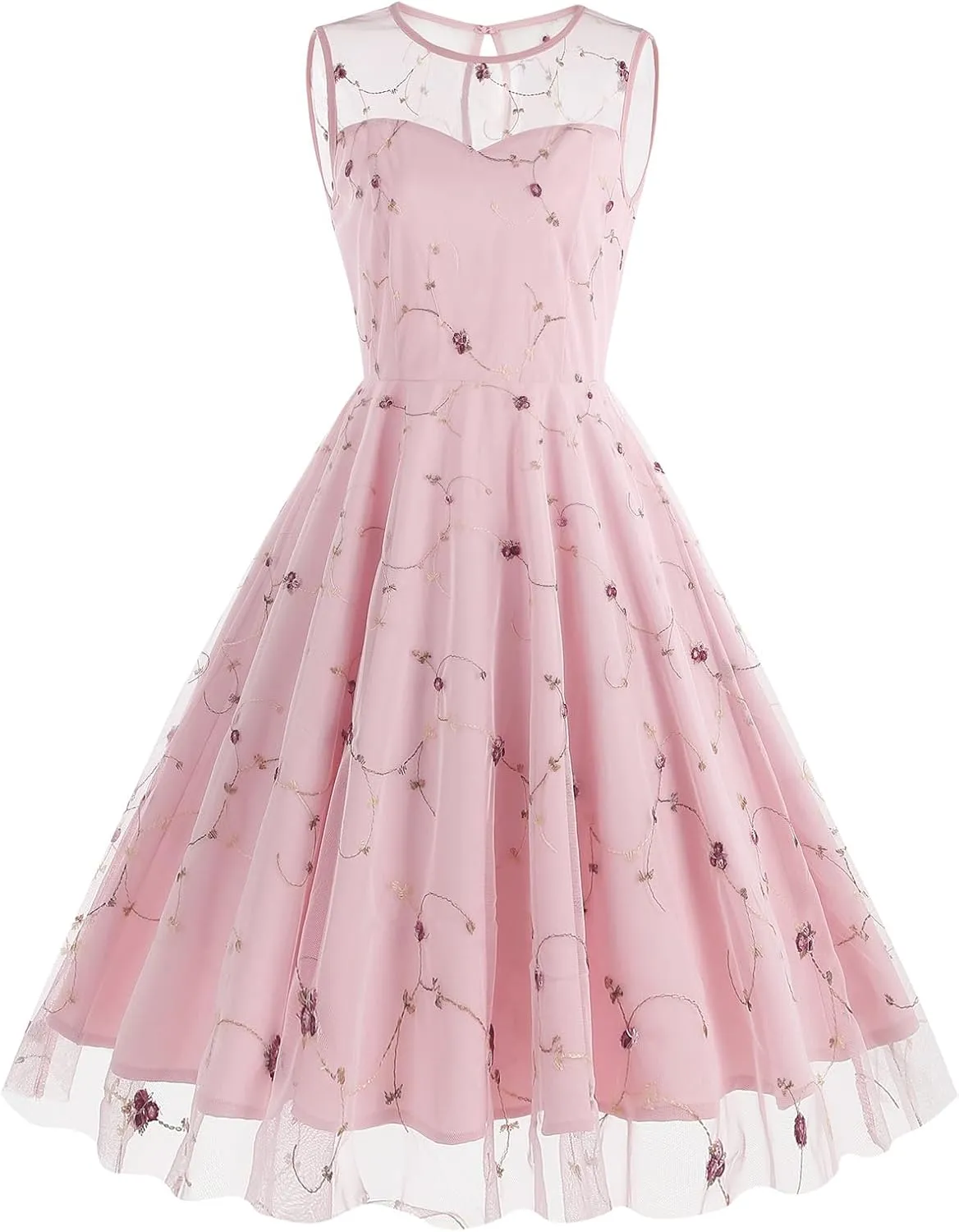 Tulle Embroidery Floral Dress for Women Sleeveless Mesh Flower Embroidered Tulle Prom Dress Summer Wedding Tea Party Dress