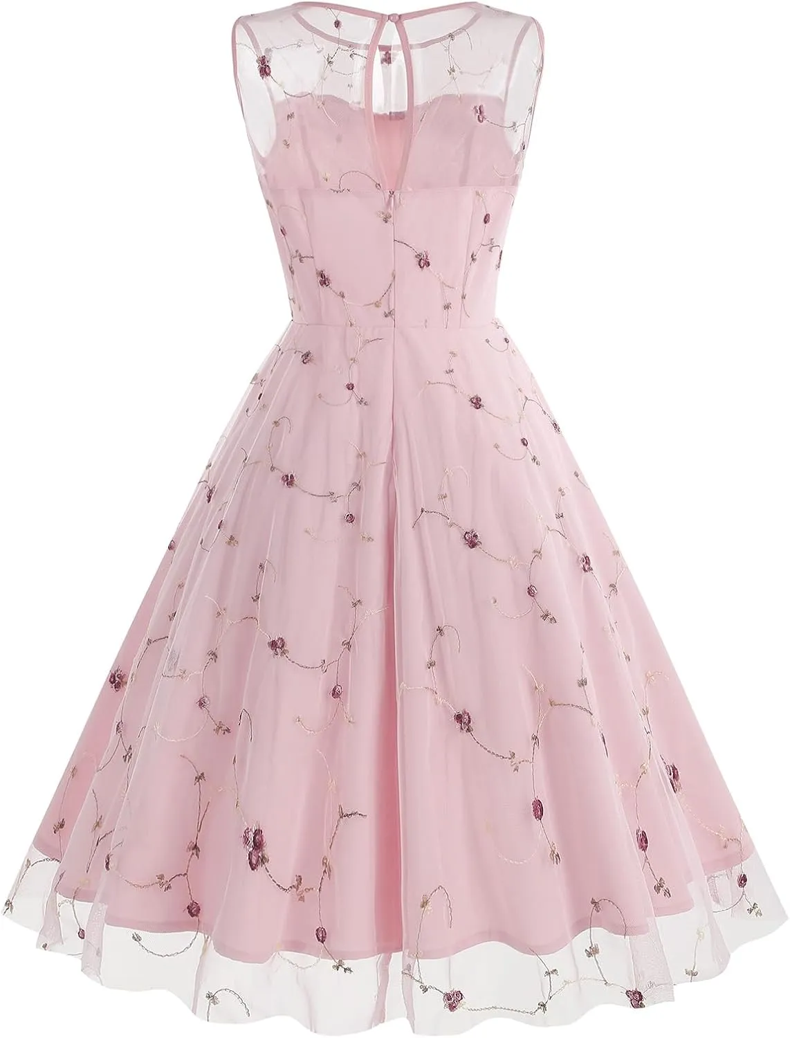 Tulle Embroidery Floral Dress for Women Sleeveless Mesh Flower Embroidered Tulle Prom Dress Summer Wedding Tea Party Dress