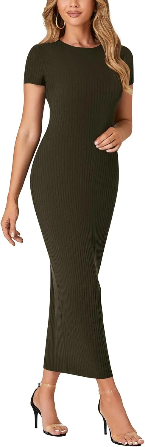 Umenlele Women’s Casual Short Sleeve Ribbed Knit Bodycon Fitted Pencil Long Maxi Dress