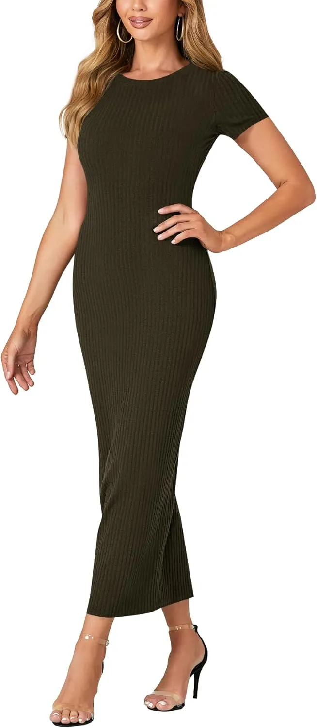 Umenlele Women’s Casual Short Sleeve Ribbed Knit Bodycon Fitted Pencil Long Maxi Dress