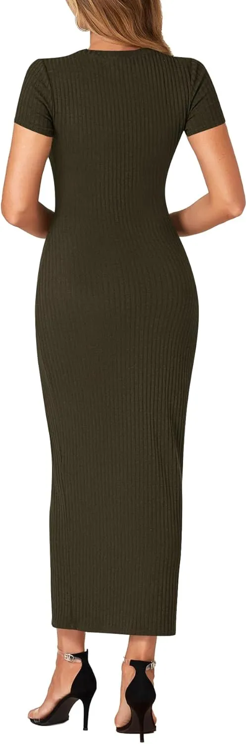 Umenlele Women’s Casual Short Sleeve Ribbed Knit Bodycon Fitted Pencil Long Maxi Dress
