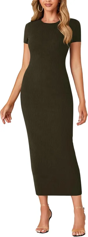 Umenlele Women’s Casual Short Sleeve Ribbed Knit Bodycon Fitted Pencil Long Maxi Dress