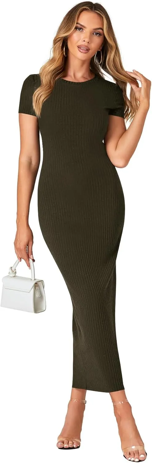 Umenlele Women’s Casual Short Sleeve Ribbed Knit Bodycon Fitted Pencil Long Maxi Dress