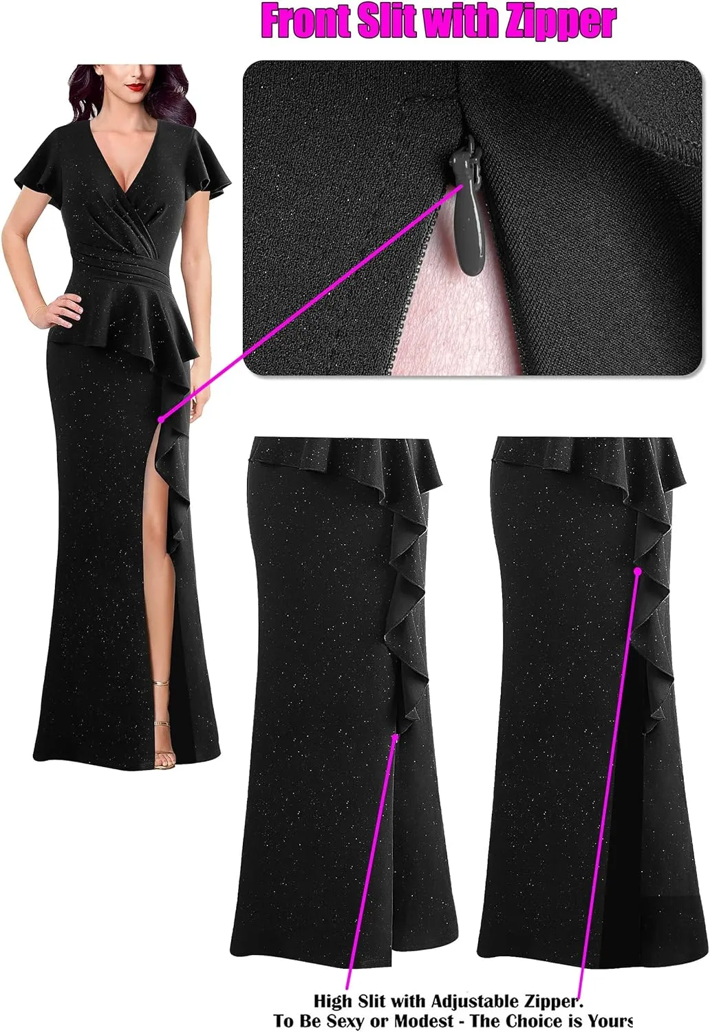 VFSHOW Womens Ruched Wrap V Neck Ruffle Formal Prom Peplum High Slit Maxi Dress 2023 Wedding Guest Cocktail Evening Long Gown