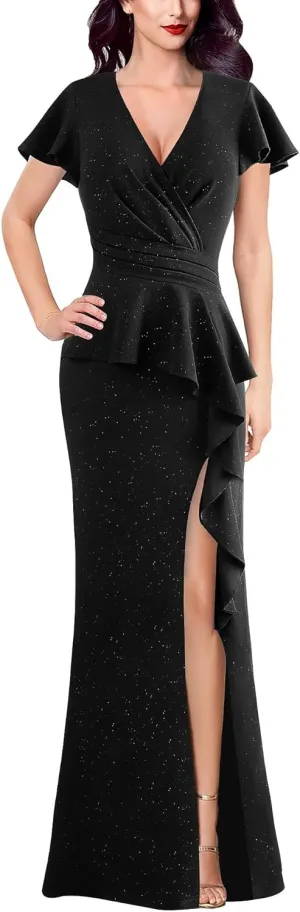 VFSHOW Womens Ruched Wrap V Neck Ruffle Formal Prom Peplum High Slit Maxi Dress 2023 Wedding Guest Cocktail Evening Long Gown