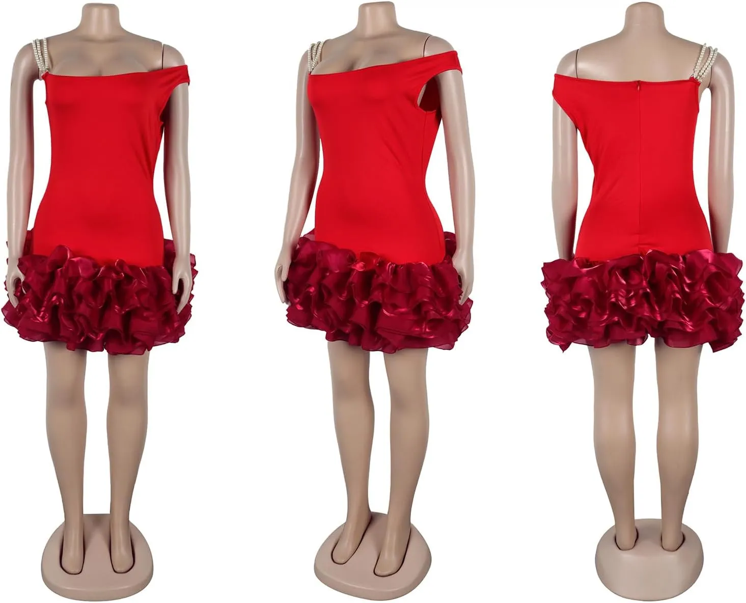 Voghtic Women's Sexy Mini Club Party Dress Ruffle Hem Sleeveless Off-Shoulder Bodycon Short Dresses